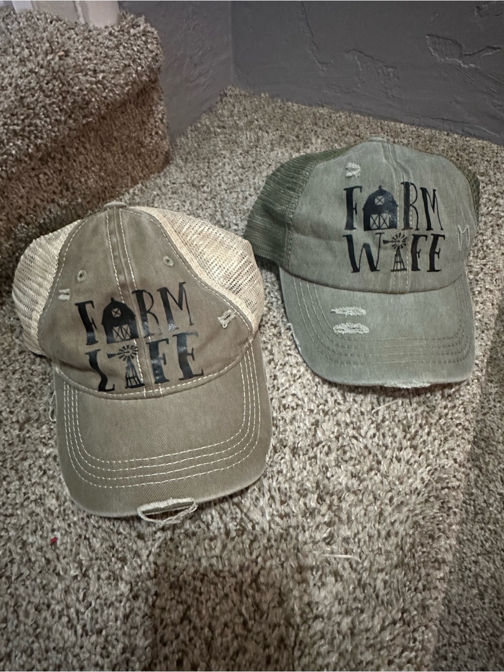 Farm Wife & Farm Life Distressed Baseball Caps - Olive/Tan